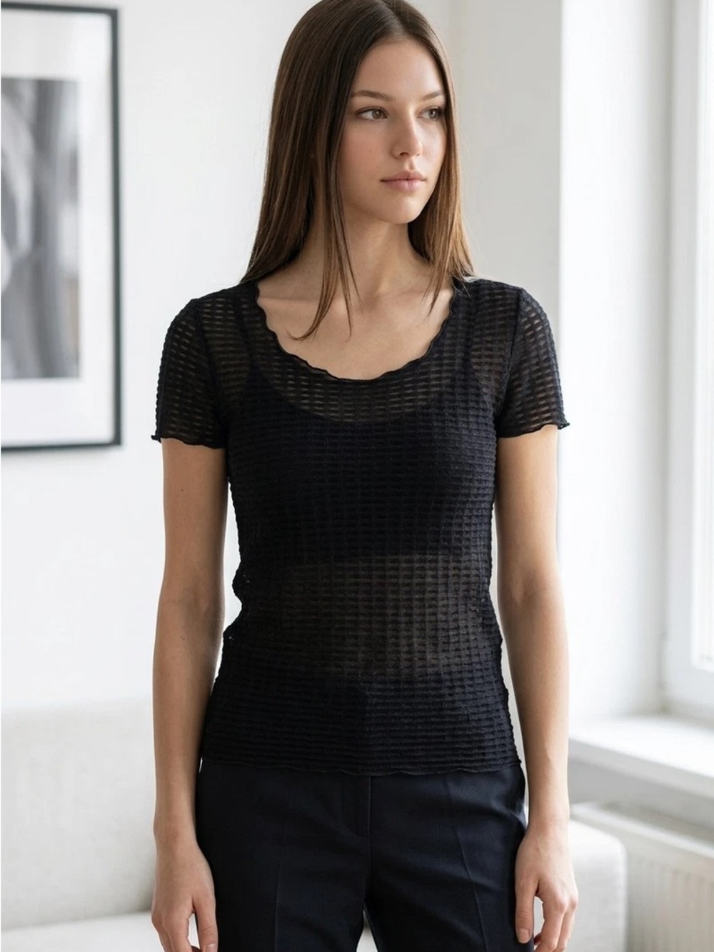 Armani Collezioni Black Short Ruffle Sleeve Sheer Textured Tee Size 12